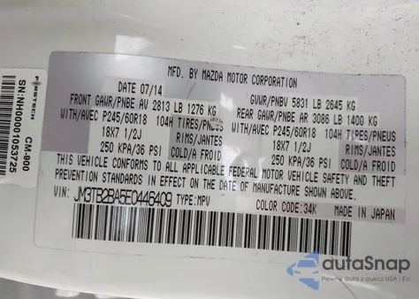 2014 Mazda Cx-9 Sport from USA, damaged, VIN JM3TB2BA5E0446409